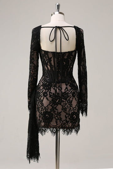 gorset z kwadratowym dekoltem z marszczeniami bez pleców krótka sukienka koktajlowa z długimi rękawami